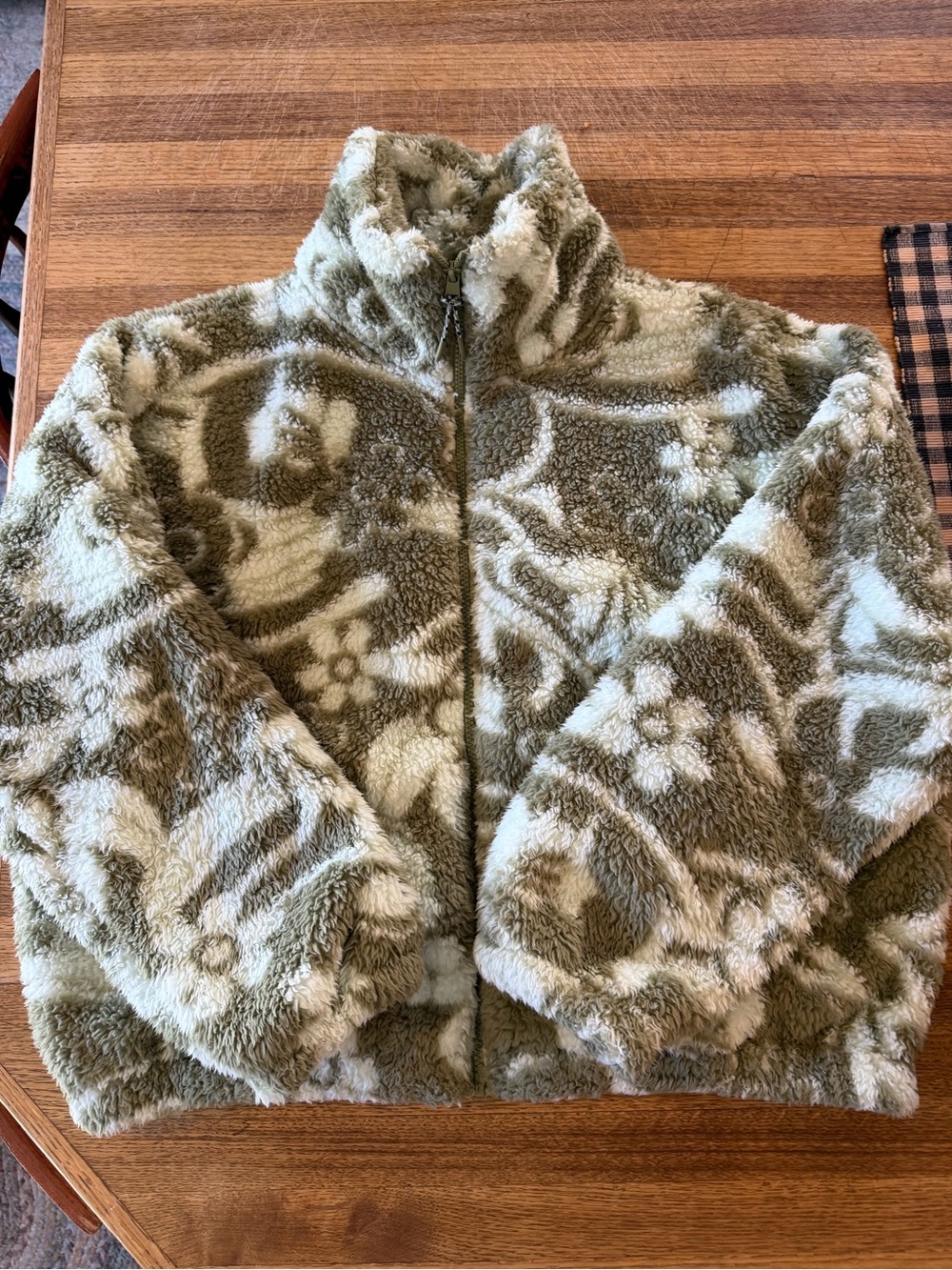 American Eagle Outfitters Olive and Off-White Floral Teddy Jacket